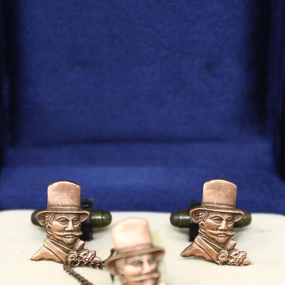 Vintage Per Hauge AS Cuff Links Tie Tac Set Velvet Box Man in Top Hat - Hey Viv - Picture 3 of 7